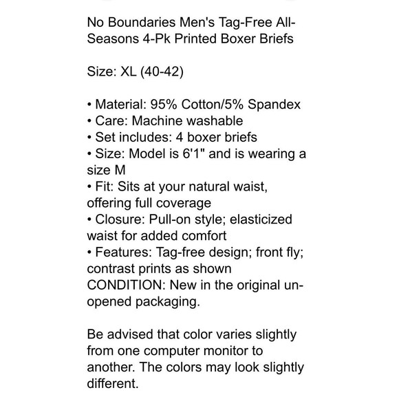 No Boundaries Men's Tag-Free All-Seasons 4-Pk Printed Boxer Briefs  Size XL  NWT - Picture 8 of 8